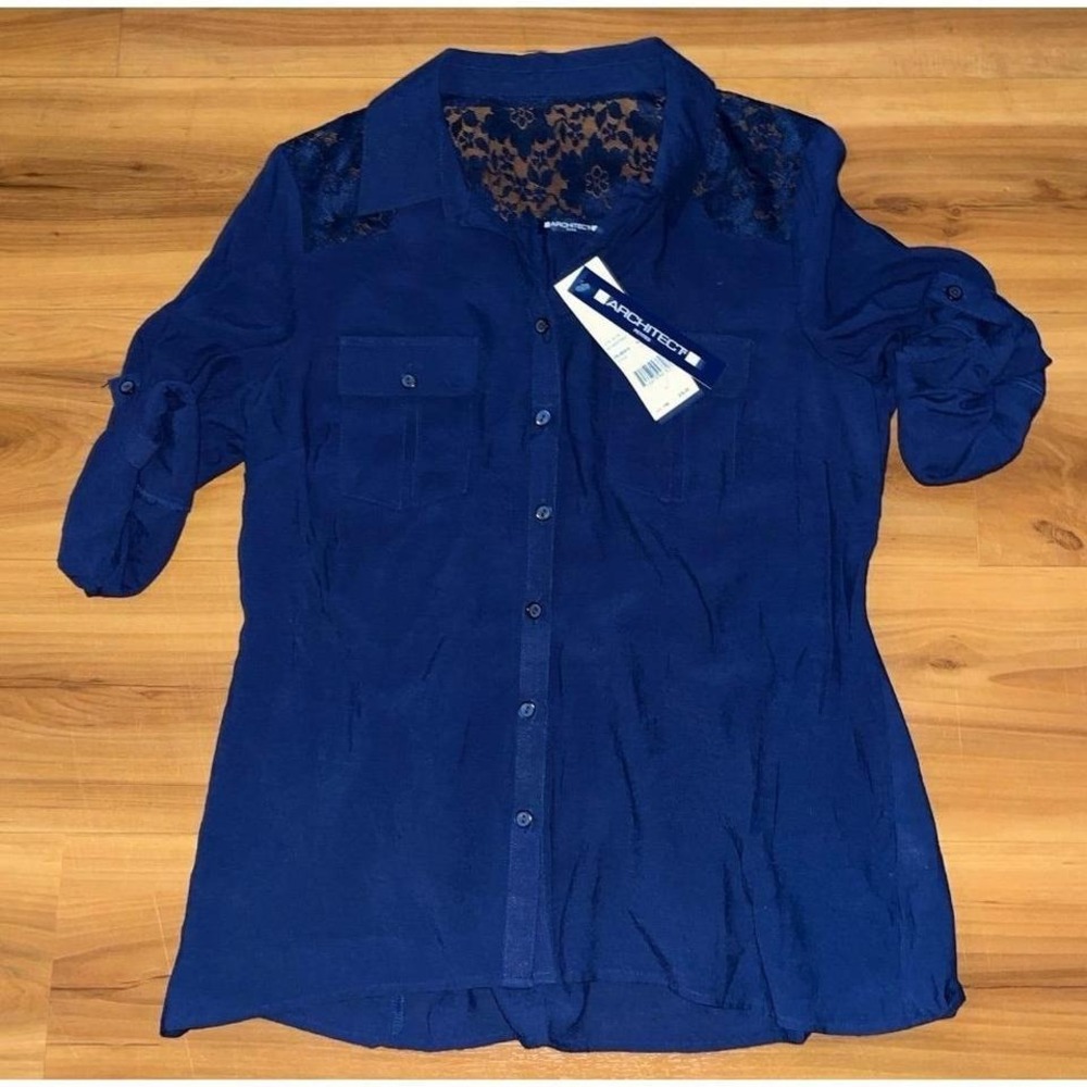 Architect  3/4‎ Roll Sleeve Lace Embroidered Smocked Back Button Up Shirt